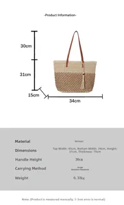Detailed size specifications of the woven straw tote bag with brown leather handles