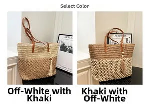 Detail view of woven straw tote bags with leather straps and tassels in two color variants
