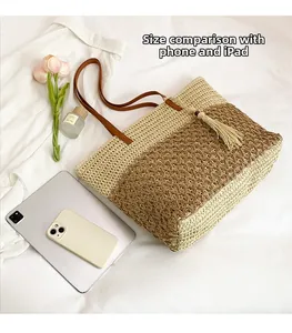 Straw tote bag size comparison with smartphone and tablet showing large capacity