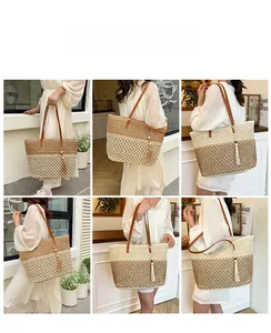 Detailed views of woven tote bag with leather straps and tassel shown on a model