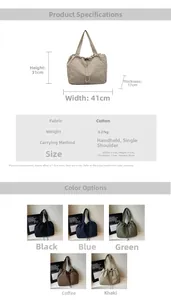 Detailed size chart and multi-color options for the large canvas tote shoulder bag