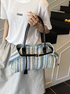 Women Casual Straw Woven Shoulder Bag Colorful Striped Underarm Bag With PU Leather Strap Bohemian Beach Vacation Tote Bag