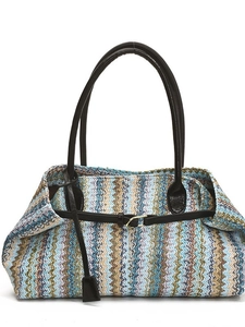 Colorful zigzag woven straw shoulder bag with black leather straps and gold buckle detail