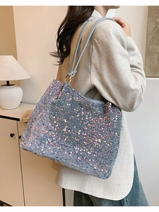 Large light blue sequin tote bag with metallic sheen and slim PU shoulder straps