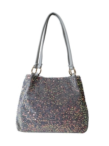 Iridescent sequin tote bag with gray shoulder straps and gold hardware for women