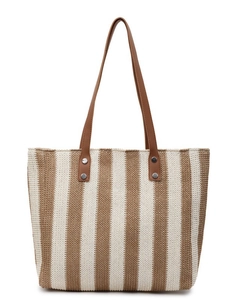 Large capacity tote bag with brown and beige vertical stripes for summer beach vacation