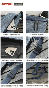 Detail view of denim crossbody bag showing smooth zippers and adjustable shoulder strap