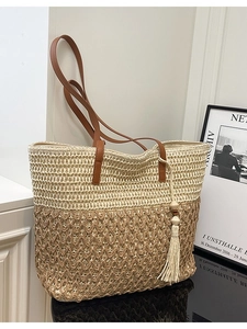 Women Large Capacity Straw Woven Tote Bag Patchwork Colorblock Shoulder Bag With Tassel Vacation Beach Handbag Summer Daily Commute Bag