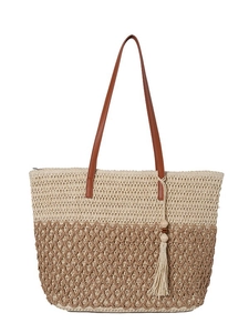 Large woven straw beach tote bag with brown leather straps and tassel detail