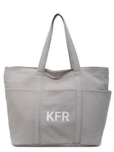 Light grey large canvas tote bag with KFR logo and multiple front pockets for commuting