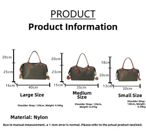 Detailed size chart for large, medium, and small nylon tote bags with dimensions and weight