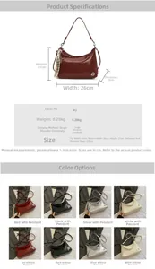 Detailed size specifications and color options for the half-moon PU leather underarm bag