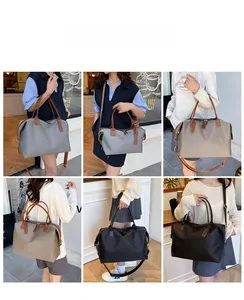Detail of multi-color nylon tote bags showing large capacity and leather handles for travel