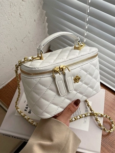 Bolso Bandolera Acolchado de Rombos para Mujer de Cuero PU Mini Vanity Case Cadena de Oro Bolso de Mano Moda Flor Decor Caja