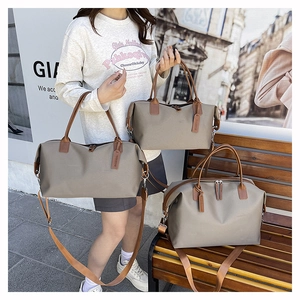 Three-piece large capacity khaki tote bag set with brown handles and adjustable strap