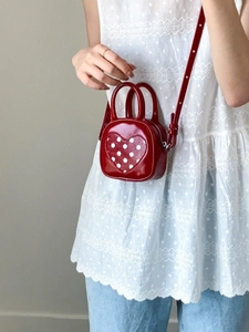 Women Mini Heart Polka Dot Bucket Bag PU Leather Retro Contrast Crossbody Shoulder Bag Small Handbag Casual Travel Bag