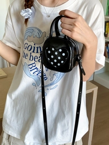 Vintage black PU leather bucket bag with heart polka dot pattern and top handles