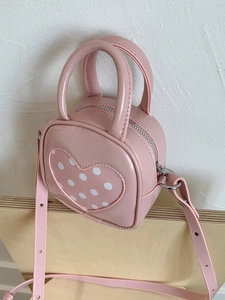 Pink PU leather mini bucket bag with heart polka dots and adjustable shoulder strap