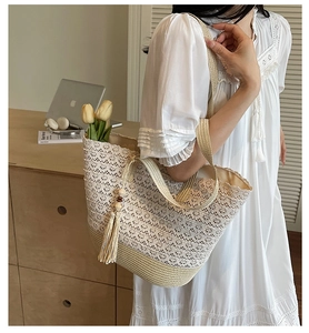 Detail of crochet lace tote bag with wooden bead tassel and woven base structure