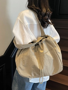 Large Capacity Nylon Tote Bag For Women Minimalist Drawstring Shoulder Bag Casual Commuter Handbag With Outer Pockets