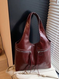 Rétro Grande Capacité Sac Sous le Bras en Cuir PU Femme Sac Cabas Épaule Brillant de Mode Avec Gland à Double Fermeture Éclair