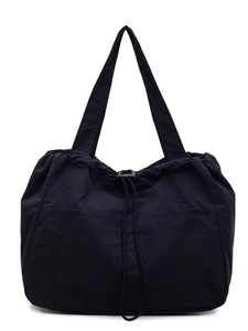 Large navy blue nylon tote bag with drawstring closure and front pockets