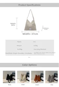 Detailed size specifications for canvas tote bag measuring 37x36x11 cm in four neutral colors