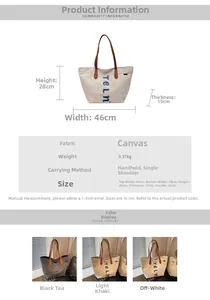 Spécifications détaillées du grand sac cabas en toile avec dimensions et couleurs