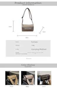Detailed chart showing canvas pillow bag dimensions and three color options available