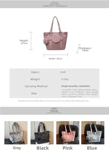 Detailed size chart showing dimensions for large capacity shoulder tote bag and coin purse