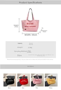 Detailed size chart and four-color comparison for canvas tote with lettering
