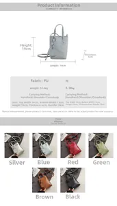 Size chart and details of the mini PU bucket bag showing dimensions and colors