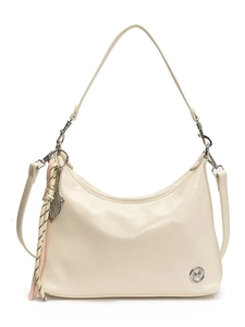 Chic cream white faux leather tote bag with M logo, top handle and adjustable shoulder strap