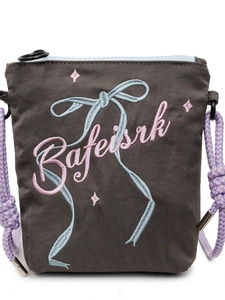Charcoal grey canvas crossbody bucket bag with bow embroidery and purple rope strap
