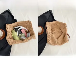 Detail showing the large interior capacity of this beige woven tote bag for daily essentials
