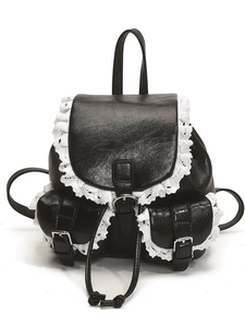 Retro black leather backpack with white lace trim and drawstring closure for women