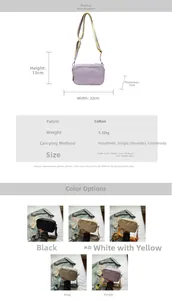 Detailed size specifications and color variants for the canvas crossbody camera bag