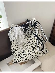 Sac Fourre-Tout en Toile Florale pour Femmes Grande Capacité Sac à Épaule Avec Décoration de Nœud en Dentelle Style Pastoral Coréen