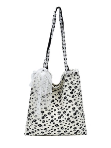 Sac fourre-tout en toile à fleurs blanc cassé avec bretelles en dentelle et nœud