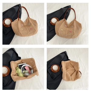 Detailed view of woven tote bag showing large capacity for tablet and daily essentials