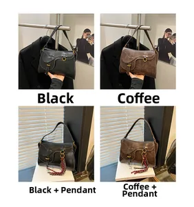 Detailed views of black and coffee saddle bags with metallic hardware and charms