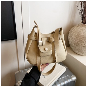 Beige lychee pattern leather handbag with metal buckle and detachable mini pouch accessory