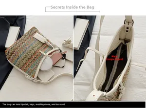 Internal storage detail of woven stripe bag showing capacity for phone and essentials
