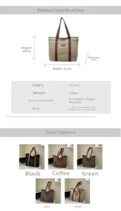 Detailed size chart and multi-color specifications for the canvas tote shoulder bag