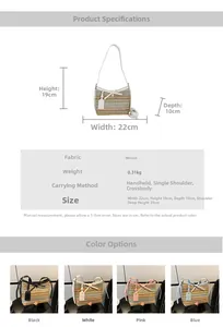 Detailed chart showing woven shoulder bag dimensions and colors in blue, pink, and black