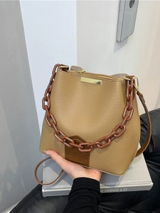 Sac Seau à la Mode en Cuir PU pour Femmes Motif Litchi Sac à Bandoulière Avec Grosse Chaîne en Acrylique et Bandoulière Réglable