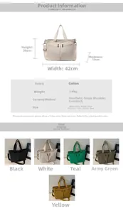 Detailed size chart for the large capacity canvas tote bag showing dimensions and colors