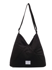 Large black nylon shoulder bag with triangle silhouette and adjustable strap for women