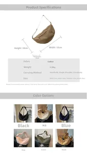 Detailed size specifications for large canvas crescent bag with 53cm width and 30cm height