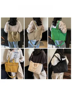 Detailed views of multi-color tote bags showing various carrying styles and color options